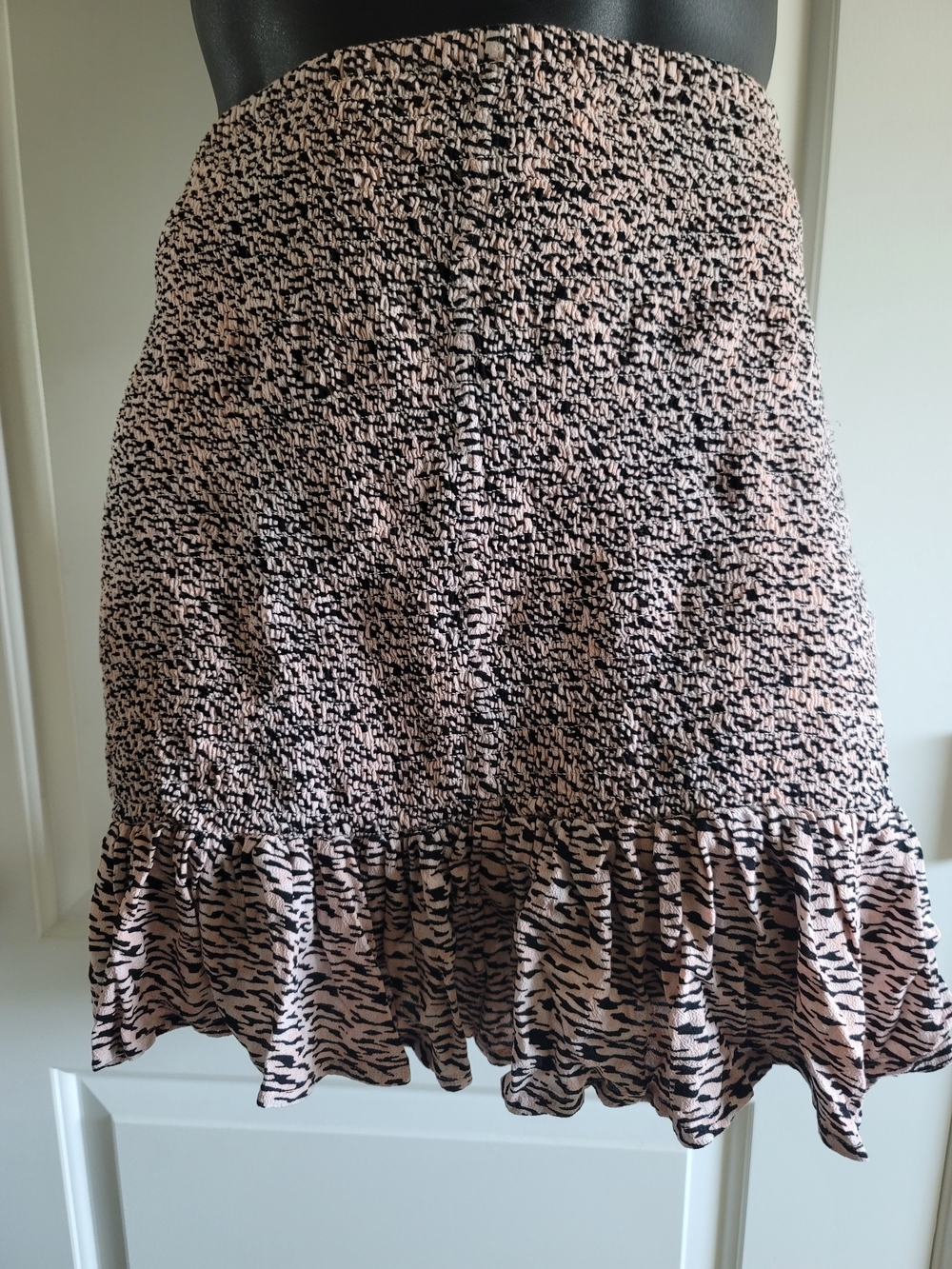 Smocked Peach and Black Ruffle Hem Mini Skirt
